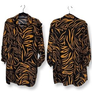 Women’s Button-up Polo Dress Black and Yellow Printed Collared Ruffle Fall Large